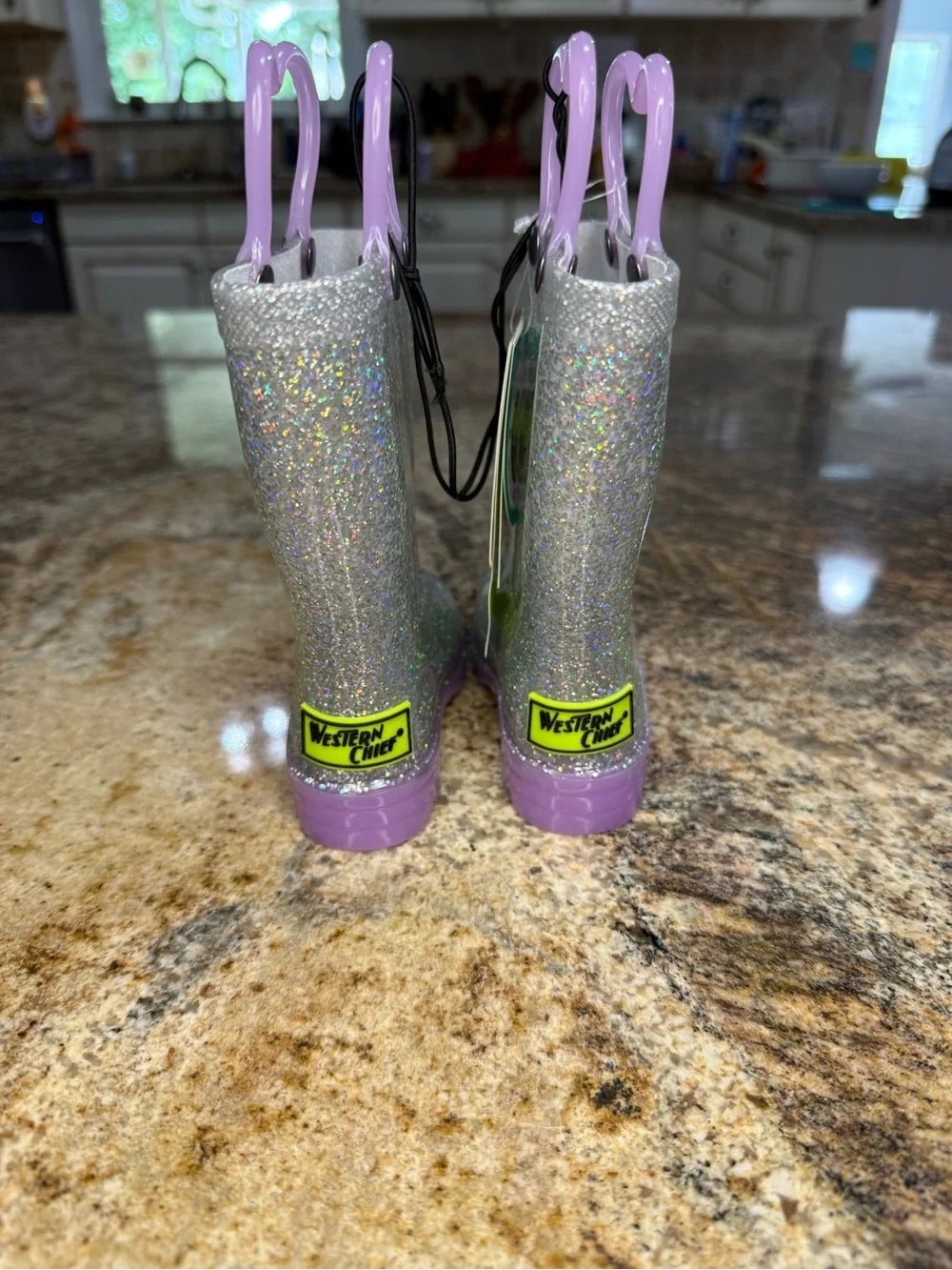 Western Chief Kids Glitter Silver Rain Boots w/ Lavender Handles